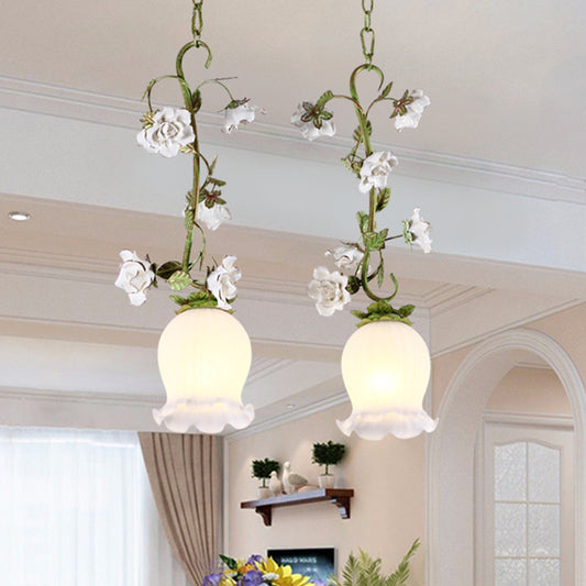Green 2 Bulbs Multi Light Pendant Pastoral Style White Glass Flower Hanging Lamp for Dining Room White Clearhalo 'Ceiling Lights' 'Chandeliers' 'Glass shade' 'Glass' 'Pendant Lights' 'Pendants' Lighting' 729686