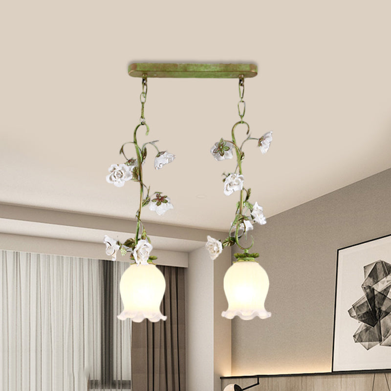 Green 2 Bulbs Multi Light Pendant Pastoral Style White Glass Flower Hanging Lamp for Dining Room Clearhalo 'Ceiling Lights' 'Chandeliers' 'Glass shade' 'Glass' 'Pendant Lights' 'Pendants' Lighting' 729687