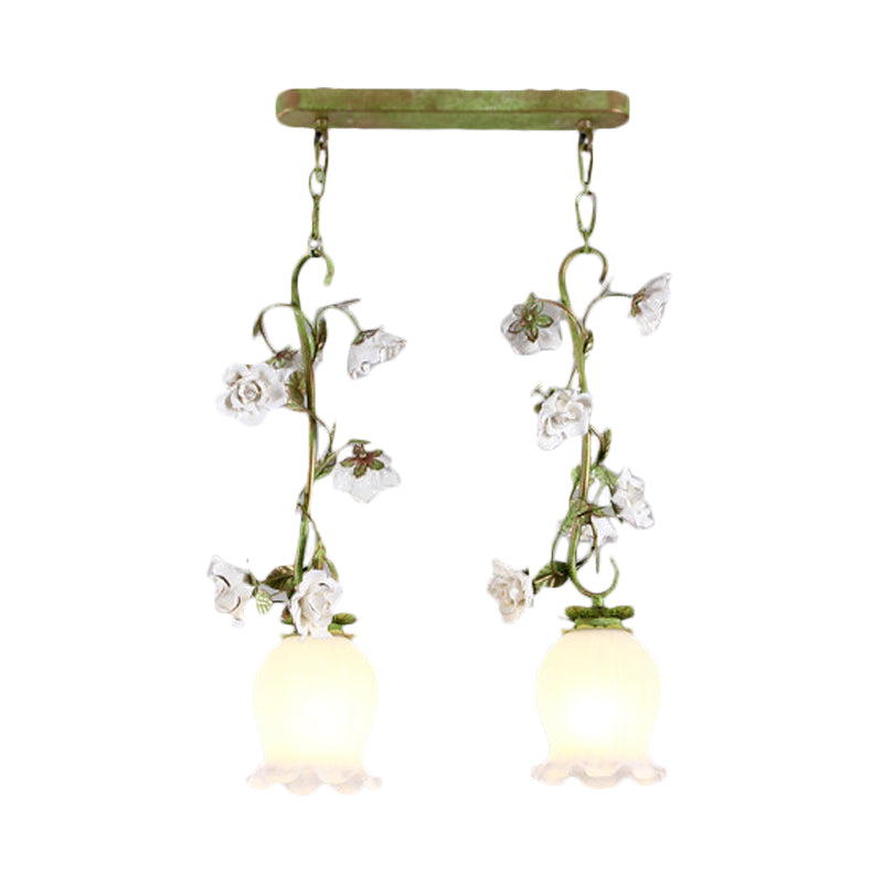 Green 2 Bulbs Multi Light Pendant Pastoral Style White Glass Flower Hanging Lamp for Dining Room Clearhalo 'Ceiling Lights' 'Chandeliers' 'Glass shade' 'Glass' 'Pendant Lights' 'Pendants' Lighting' 729689