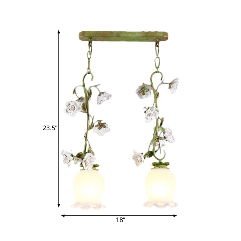 Green 2 Bulbs Multi Light Pendant Pastoral Style White Glass Flower Hanging Lamp for Dining Room Clearhalo 'Ceiling Lights' 'Chandeliers' 'Glass shade' 'Glass' 'Pendant Lights' 'Pendants' Lighting' 729690
