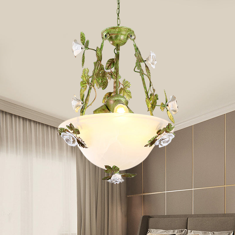 Green Bowl Chandelier Light Fixture Korean Flower White Glass 2/3 Bulbs Dining Room Pendant Lamp Clearhalo 'Ceiling Lights' 'Chandeliers' 'Glass shade' 'Glass' Lighting' 729692