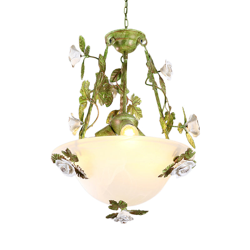 Green Bowl Chandelier Light Fixture Korean Flower White Glass 2/3 Bulbs Dining Room Pendant Lamp Clearhalo 'Ceiling Lights' 'Chandeliers' 'Glass shade' 'Glass' Lighting' 729693