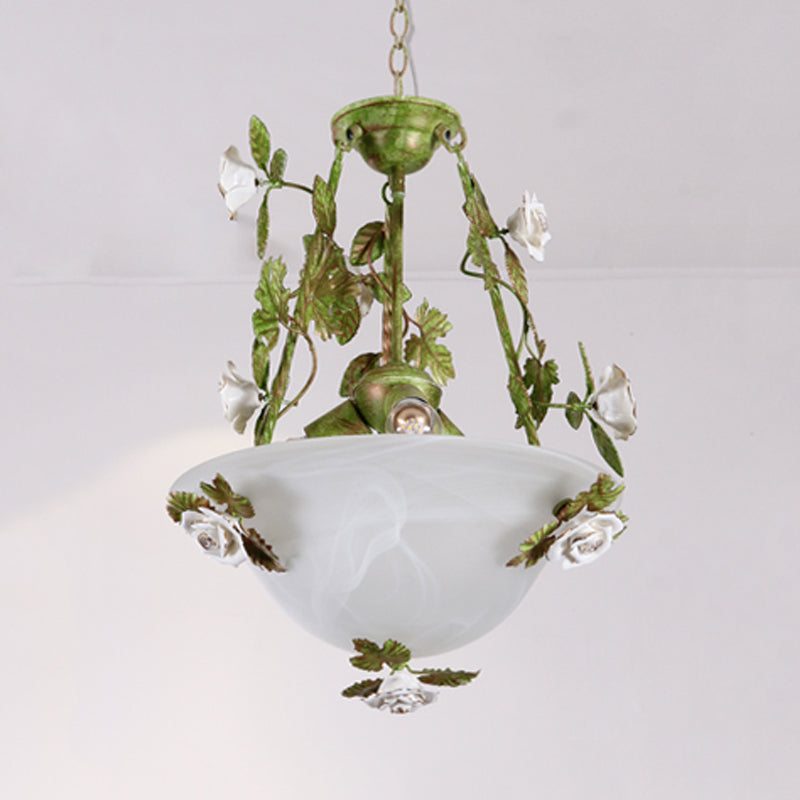 Green Bowl Chandelier Light Fixture Korean Flower White Glass 2/3 Bulbs Dining Room Pendant Lamp Clearhalo 'Ceiling Lights' 'Chandeliers' 'Glass shade' 'Glass' Lighting' 729694