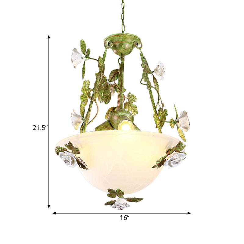 Green Bowl Chandelier Light Fixture Korean Flower White Glass 2/3 Bulbs Dining Room Pendant Lamp Clearhalo 'Ceiling Lights' 'Chandeliers' 'Glass shade' 'Glass' Lighting' 729695