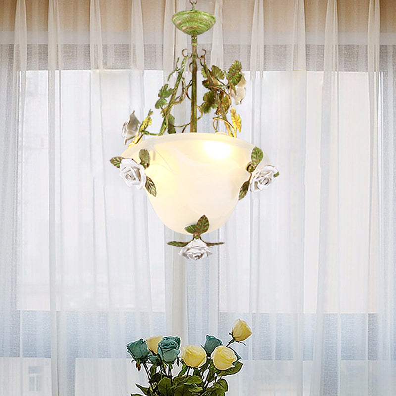 Green Bowl Chandelier Light Fixture Korean Flower White Glass 2/3 Bulbs Dining Room Pendant Lamp Clearhalo 'Ceiling Lights' 'Chandeliers' 'Glass shade' 'Glass' Lighting' 729697