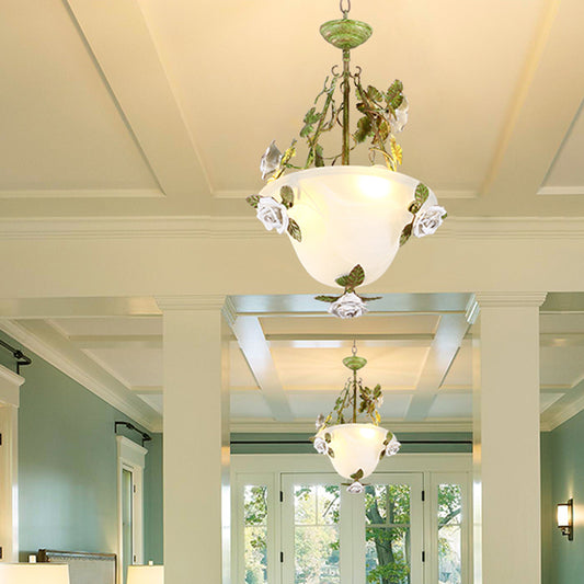 Green Bowl Chandelier Light Fixture Korean Flower White Glass 2/3 Bulbs Dining Room Pendant Lamp Clearhalo 'Ceiling Lights' 'Chandeliers' 'Glass shade' 'Glass' Lighting' 729698