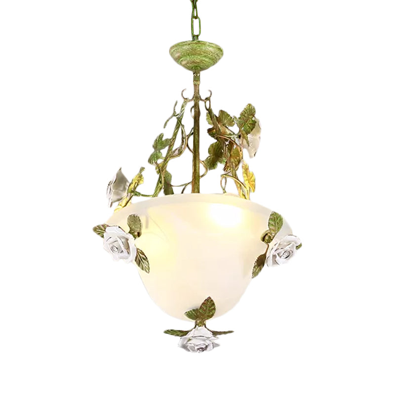 Green Bowl Chandelier Light Fixture Korean Flower White Glass 2/3 Bulbs Dining Room Pendant Lamp Clearhalo 'Ceiling Lights' 'Chandeliers' 'Glass shade' 'Glass' Lighting' 729699