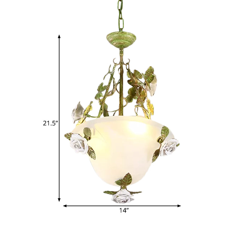 Green Bowl Chandelier Light Fixture Korean Flower White Glass 2/3 Bulbs Dining Room Pendant Lamp Clearhalo 'Ceiling Lights' 'Chandeliers' 'Glass shade' 'Glass' Lighting' 729700