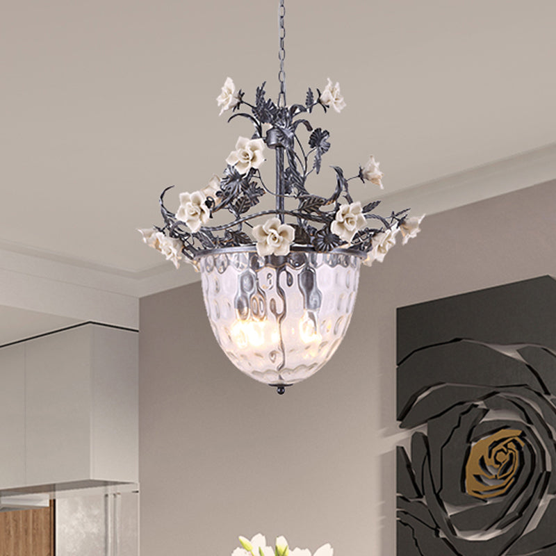 Pastoral Bowl Pedant Lamp 3/4 Heads Clear Dimple Glass Hanging Chandelier with Blossom Design Clear Clearhalo 'Ceiling Lights' 'Chandeliers' 'Glass shade' 'Glass' 'Pendant Lights' Lighting' 729701
