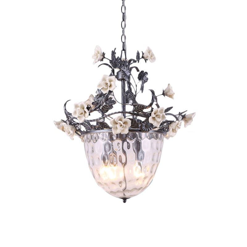 Pastoral Bowl Pedant Lamp 3/4 Heads Clear Dimple Glass Hanging Chandelier with Blossom Design Clearhalo 'Ceiling Lights' 'Chandeliers' 'Glass shade' 'Glass' 'Pendant Lights' Lighting' 729703