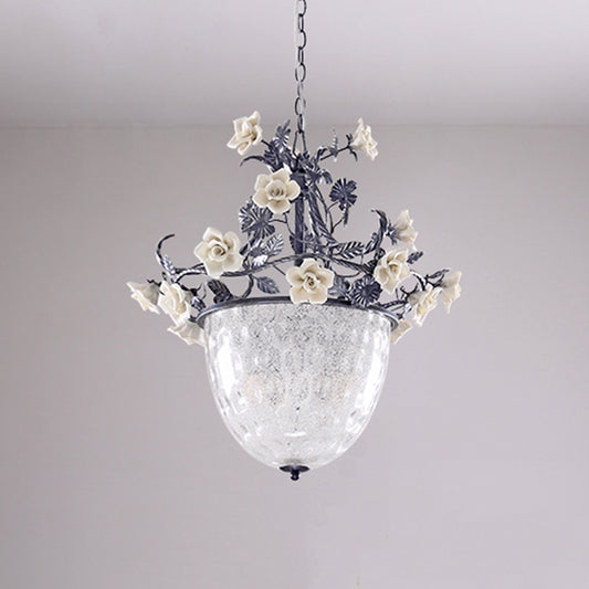 Pastoral Bowl Pedant Lamp 3/4 Heads Clear Dimple Glass Hanging Chandelier with Blossom Design Clearhalo 'Ceiling Lights' 'Chandeliers' 'Glass shade' 'Glass' 'Pendant Lights' Lighting' 729704