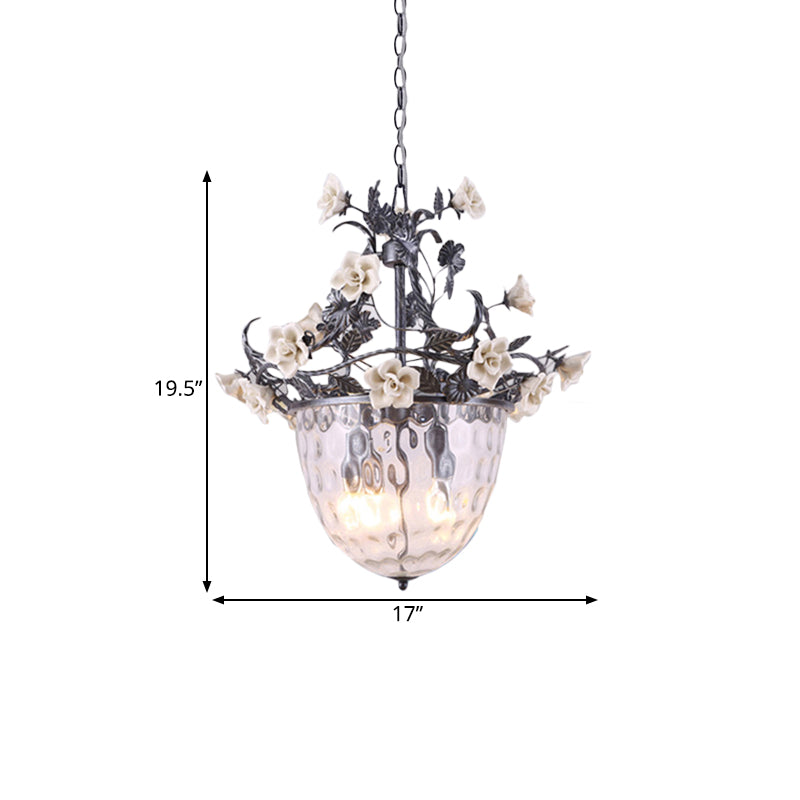 Pastoral Bowl Pedant Lamp 3/4 Heads Clear Dimple Glass Hanging Chandelier with Blossom Design Clearhalo 'Ceiling Lights' 'Chandeliers' 'Glass shade' 'Glass' 'Pendant Lights' Lighting' 729705