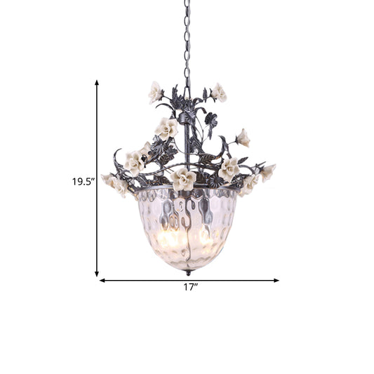 Pastoral Bowl Pedant Lamp 3/4 Heads Clear Dimple Glass Hanging Chandelier with Blossom Design Clearhalo 'Ceiling Lights' 'Chandeliers' 'Glass shade' 'Glass' 'Pendant Lights' Lighting' 729705