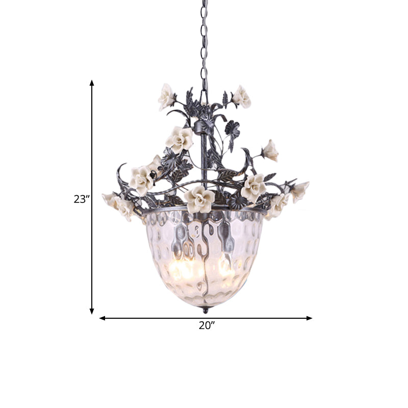 Pastoral Bowl Pedant Lamp 3/4 Heads Clear Dimple Glass Hanging Chandelier with Blossom Design Clearhalo 'Ceiling Lights' 'Chandeliers' 'Glass shade' 'Glass' 'Pendant Lights' Lighting' 729706