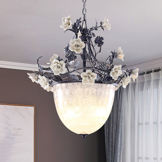 4-Bulb Bowl Chandelier Pendant Light Pastoral Style White Glass Hanging Lamp with Flower Decoration White Clearhalo 'Ceiling Lights' 'Chandeliers' 'Glass shade' 'Glass' 'Pendant Lights' Lighting' 729707