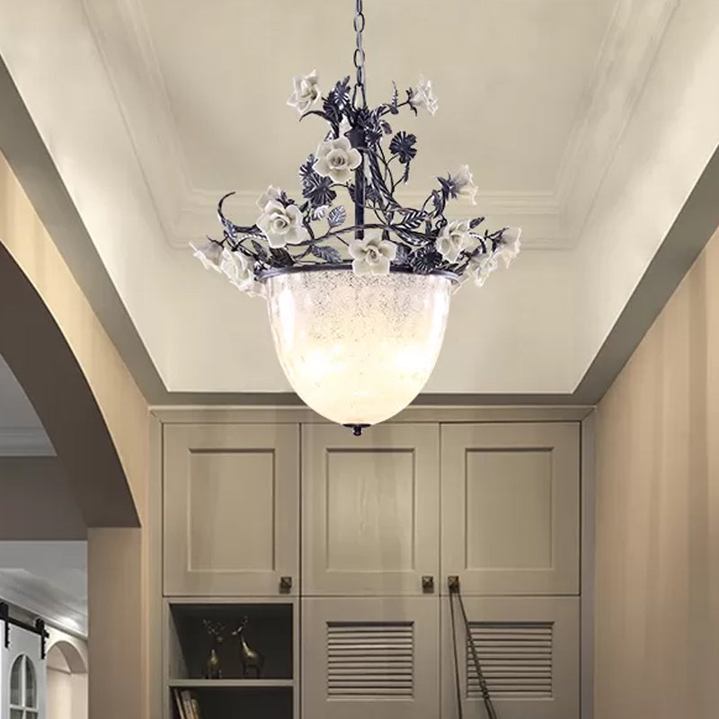 4-Bulb Bowl Chandelier Pendant Light Pastoral Style White Glass Hanging Lamp with Flower Decoration Clearhalo 'Ceiling Lights' 'Chandeliers' 'Glass shade' 'Glass' 'Pendant Lights' Lighting' 729709