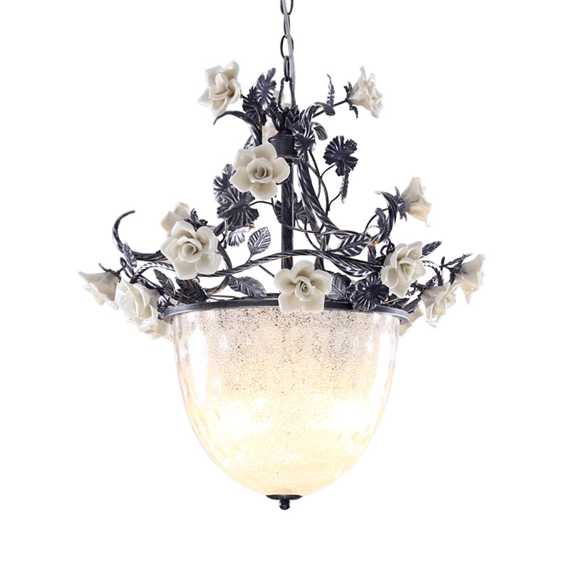 4-Bulb Bowl Chandelier Pendant Light Pastoral Style White Glass Hanging Lamp with Flower Decoration Clearhalo 'Ceiling Lights' 'Chandeliers' 'Glass shade' 'Glass' 'Pendant Lights' Lighting' 729710