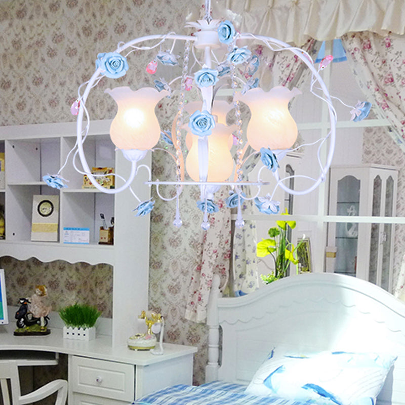 Elongated Arm Metal Chandelier Light Romantic Pastoral 4 Heads Bedroom Pendant Lamp with White Glass Shade White Clearhalo 'Ceiling Lights' 'Chandeliers' Lighting' options 729712_a04941ea-59e7-4a51-a180-29e341062422