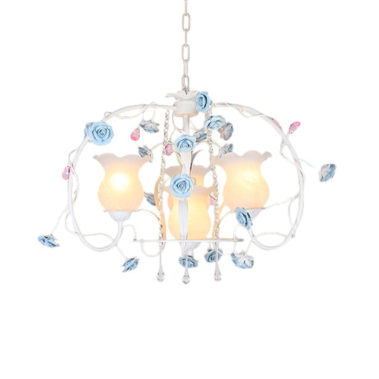 Elongated Arm Metal Chandelier Light Romantic Pastoral 4 Heads Bedroom Pendant Lamp with White Glass Shade Clearhalo 'Ceiling Lights' 'Chandeliers' Lighting' options 729715
