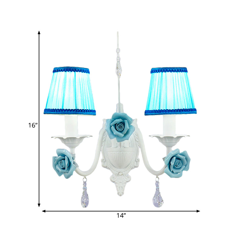 White 1/2-Head Wall Sconce Romantic Pastoral Fabric Cone Wall Light Fixture with Clear Crystal Drop Clearhalo 'Wall Lamps & Sconces' 'Wall Lights' Lighting' 729721