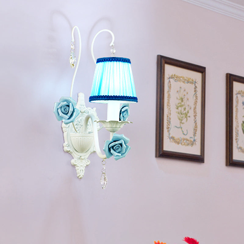 White 1/2-Head Wall Sconce Romantic Pastoral Fabric Cone Wall Light Fixture with Clear Crystal Drop Clearhalo 'Wall Lamps & Sconces' 'Wall Lights' Lighting' 729723