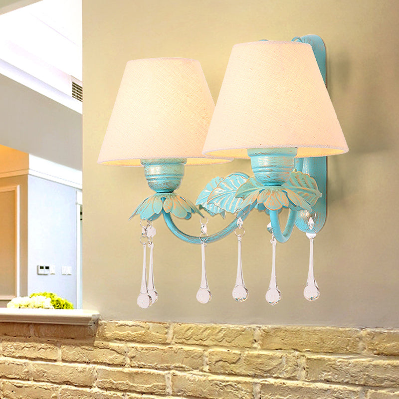 Fabric Blue Wall Mounted Light Tapered 1/2-Light Countryside Wall Sconce Lamp with Clear Glass Drop 2.0 Blue Clearhalo 'Wall Lamps & Sconces' 'Wall Lights' Lighting' 729727