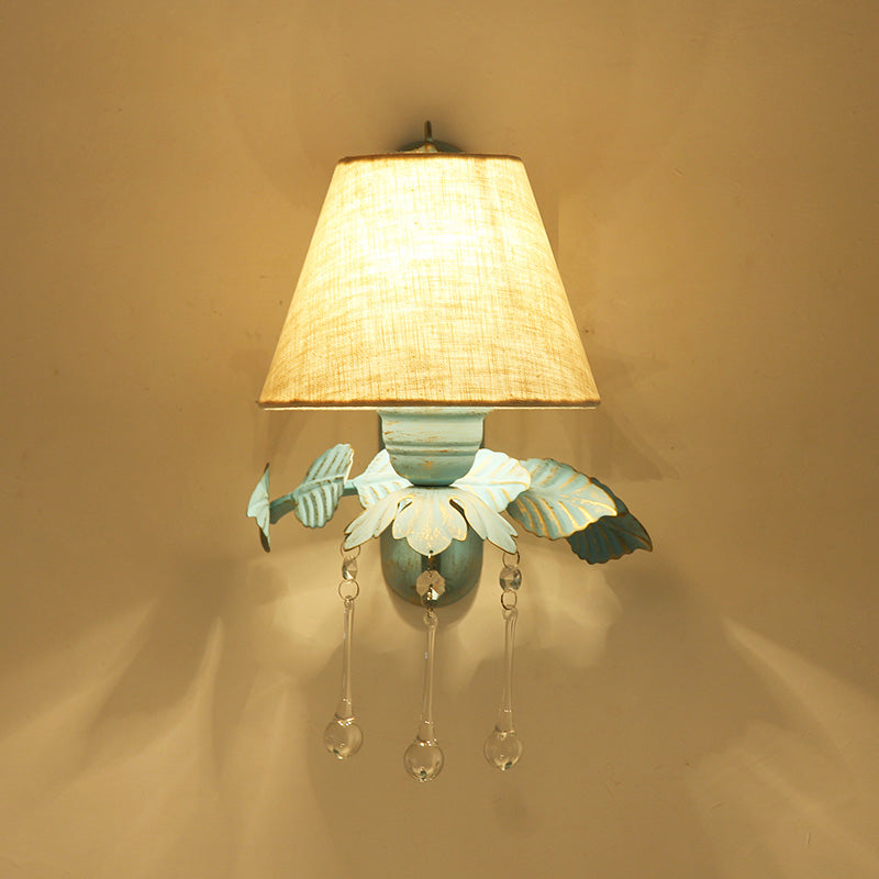 Fabric Blue Wall Mounted Light Tapered 1/2-Light Countryside Wall Sconce Lamp with Clear Glass Drop 1.0 Blue Clearhalo 'Wall Lamps & Sconces' 'Wall Lights' Lighting' 729732