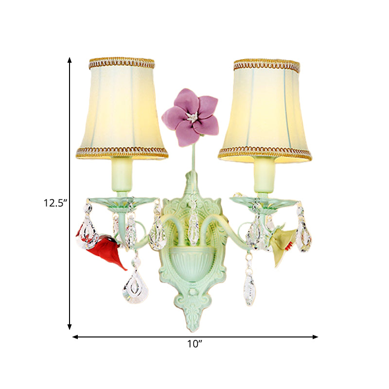 Pastoral Style Flared Wall Light 2 Bulbs Fabric Wall Sconce Lamp in Light Blue with Crystal Accent Clearhalo 'Wall Lamps & Sconces' 'Wall Lights' Lighting' 729741