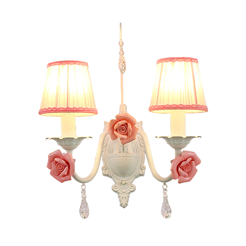 1/2-Head Fabric Sconce Light Korean Flower White Pleated Shade Living Room Wall Lamp with Crystal Drop Clearhalo 'Wall Lamps & Sconces' 'Wall Lights' Lighting' 729745