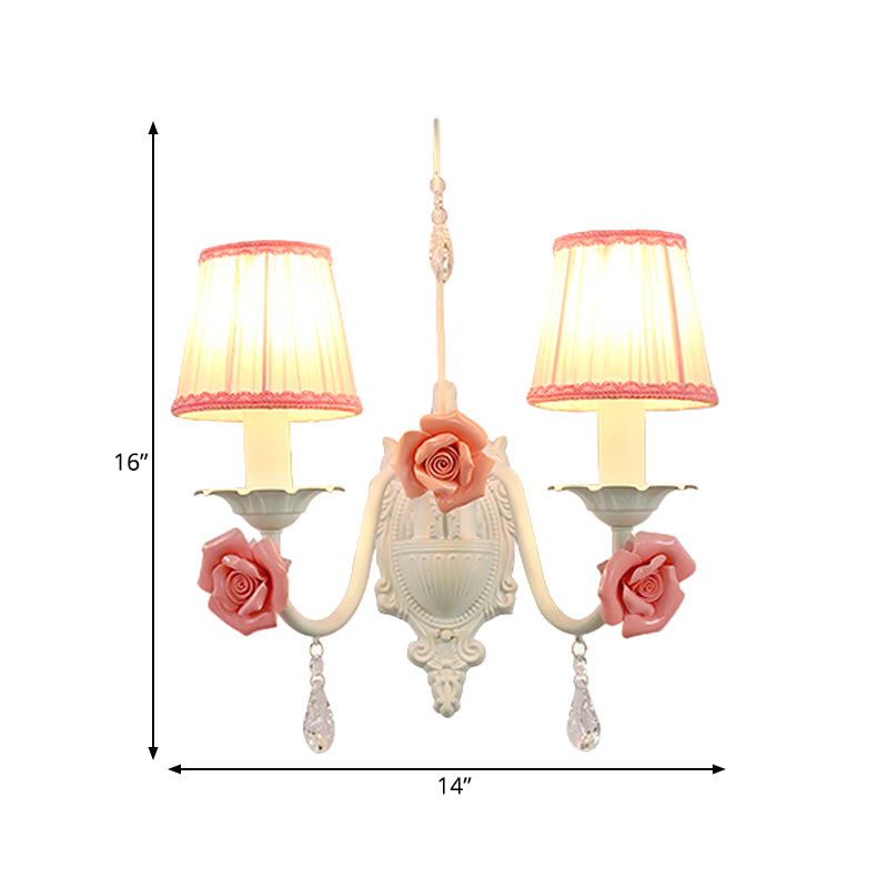 1/2-Head Fabric Sconce Light Korean Flower White Pleated Shade Living Room Wall Lamp with Crystal Drop Clearhalo 'Wall Lamps & Sconces' 'Wall Lights' Lighting' 729746