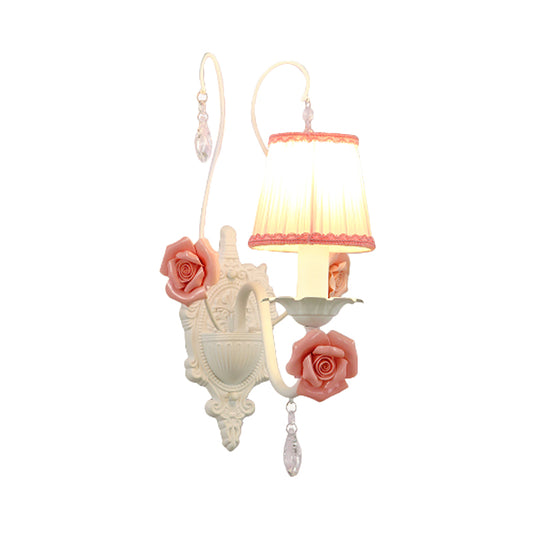 1/2-Head Fabric Sconce Light Korean Flower White Pleated Shade Living Room Wall Lamp with Crystal Drop Clearhalo 'Wall Lamps & Sconces' 'Wall Lights' Lighting' 729750