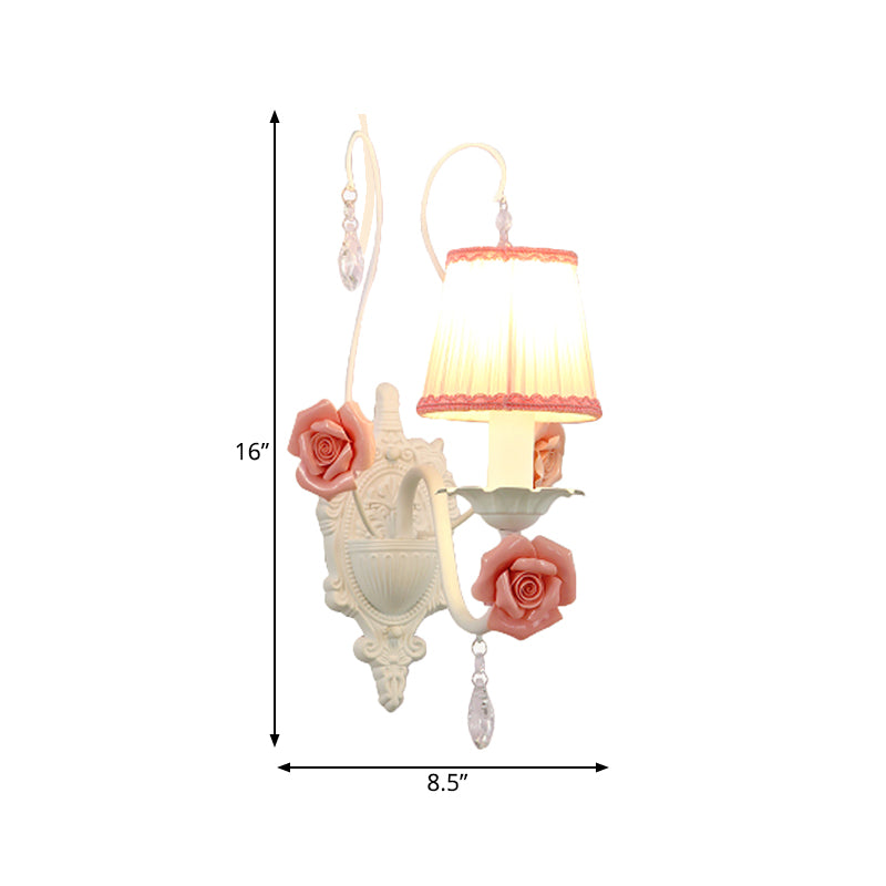 1/2-Head Fabric Sconce Light Korean Flower White Pleated Shade Living Room Wall Lamp with Crystal Drop Clearhalo 'Wall Lamps & Sconces' 'Wall Lights' Lighting' 729751