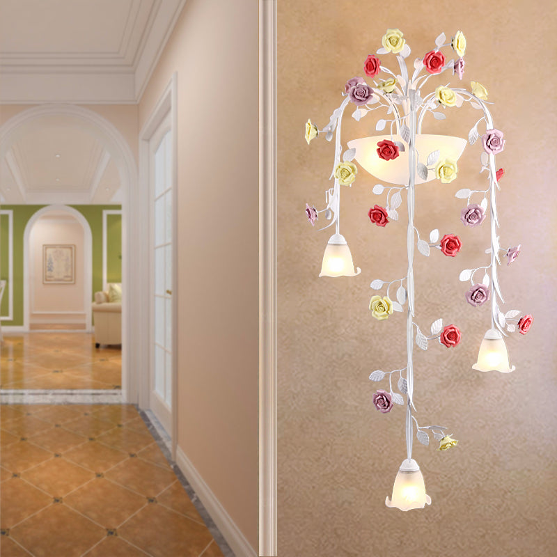 Romantic Pastoral Draped Sconce Lamp 5 Lights White Glass Wall Mounted Light with Colorful Flower White Clearhalo 'Wall Lamps & Sconces' 'Wall Lights' Lighting' 729752