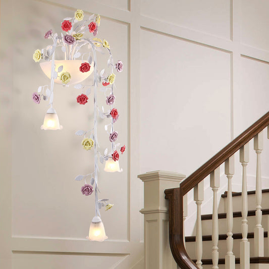 Romantic Pastoral Draped Sconce Lamp 5 Lights White Glass Wall Mounted Light with Colorful Flower Clearhalo 'Wall Lamps & Sconces' 'Wall Lights' Lighting' 729753