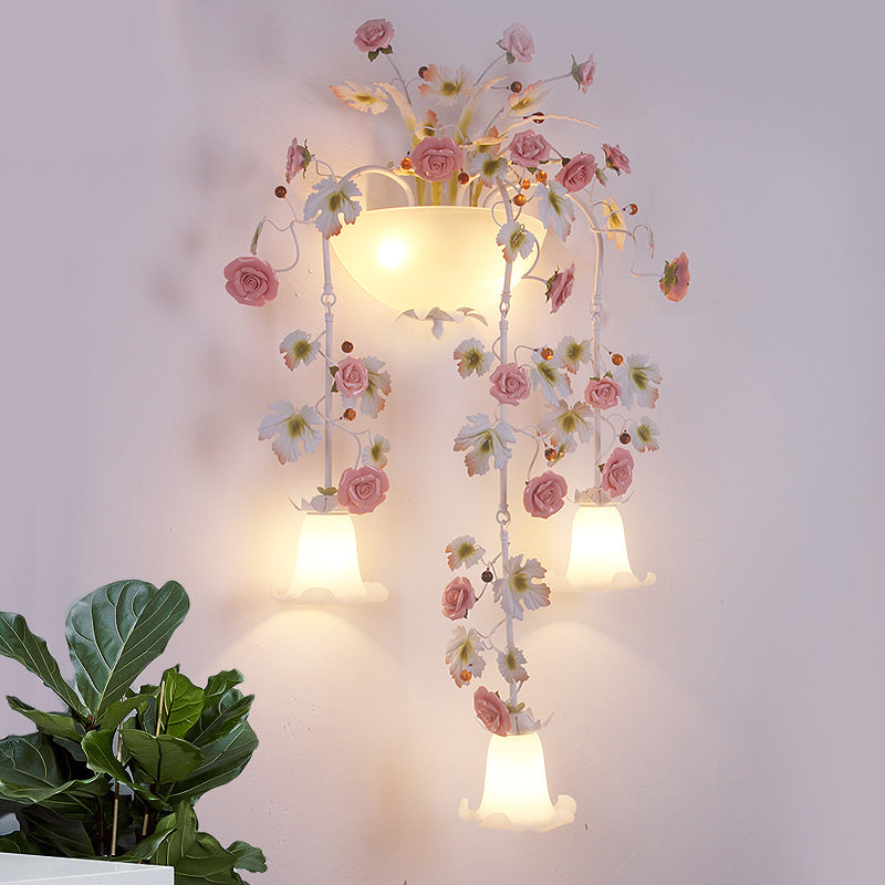 Pink 5 Heads Wall Light Fixture Korean Garden White Glass Floral Sconce Wall Lighting for Hallway White B Clearhalo 'Wall Lamps & Sconces' 'Wall Lights' Lighting' 729767