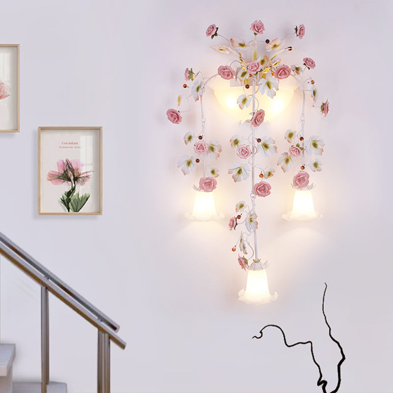 Pink 5 Heads Wall Light Fixture Korean Garden White Glass Floral Sconce Wall Lighting for Hallway Clearhalo 'Wall Lamps & Sconces' 'Wall Lights' Lighting' 729768