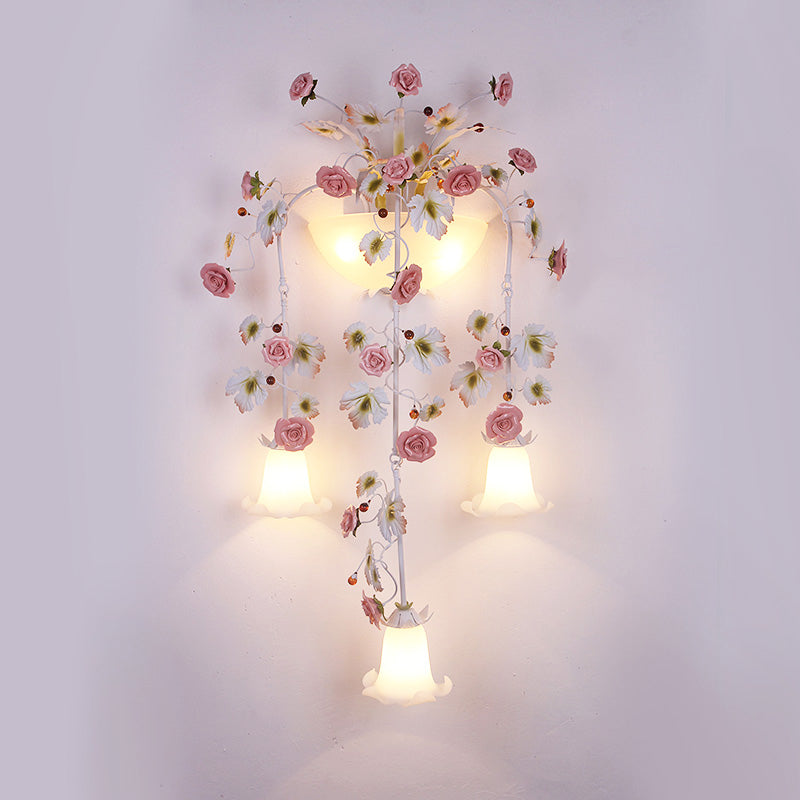 Pink 5 Heads Wall Light Fixture Korean Garden White Glass Floral Sconce Wall Lighting for Hallway Clearhalo 'Wall Lamps & Sconces' 'Wall Lights' Lighting' 729769