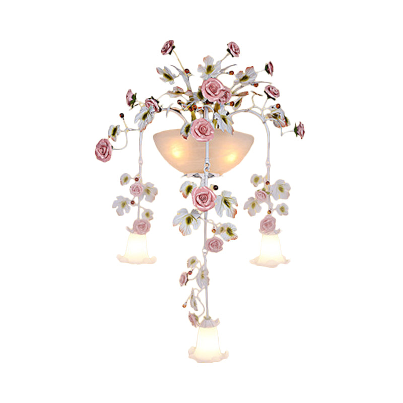 Pink 5 Heads Wall Light Fixture Korean Garden White Glass Floral Sconce Wall Lighting for Hallway Clearhalo 'Wall Lamps & Sconces' 'Wall Lights' Lighting' 729770