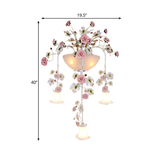 Pink 5 Heads Wall Light Fixture Korean Garden White Glass Floral Sconce Wall Lighting for Hallway Clearhalo 'Wall Lamps & Sconces' 'Wall Lights' Lighting' 729771