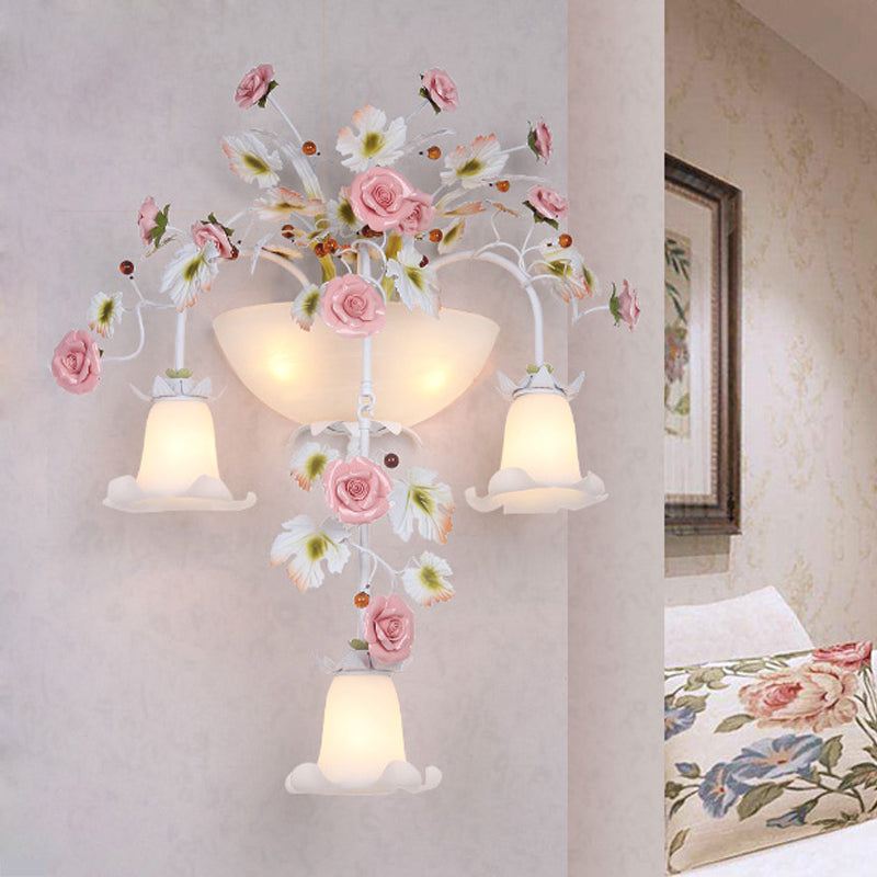 Pink 5 Heads Wall Light Fixture Korean Garden White Glass Floral Sconce Wall Lighting for Hallway White A Clearhalo 'Wall Lamps & Sconces' 'Wall Lights' Lighting' 729772