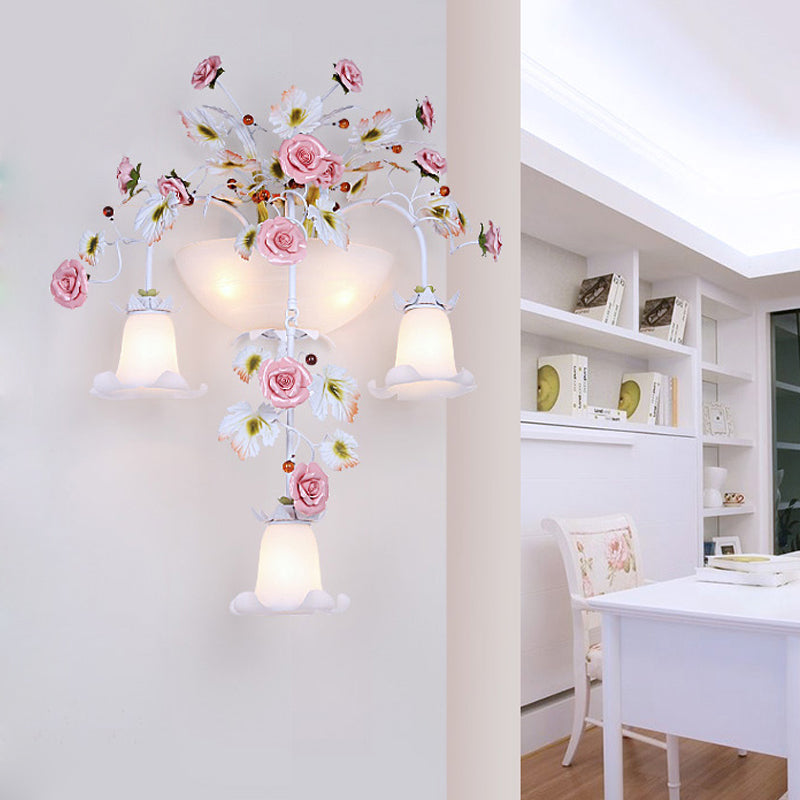 Pink 5 Heads Wall Light Fixture Korean Garden White Glass Floral Sconce Wall Lighting for Hallway Clearhalo 'Wall Lamps & Sconces' 'Wall Lights' Lighting' 729773