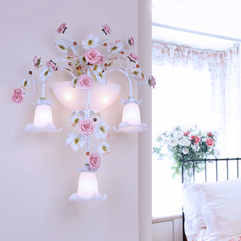 Pink 5 Heads Wall Light Fixture Korean Garden White Glass Floral Sconce Wall Lighting for Hallway Clearhalo 'Wall Lamps & Sconces' 'Wall Lights' Lighting' 729774