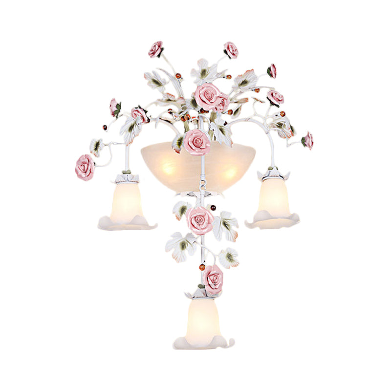 Pink 5 Heads Wall Light Fixture Korean Garden White Glass Floral Sconce Wall Lighting for Hallway Clearhalo 'Wall Lamps & Sconces' 'Wall Lights' Lighting' 729775