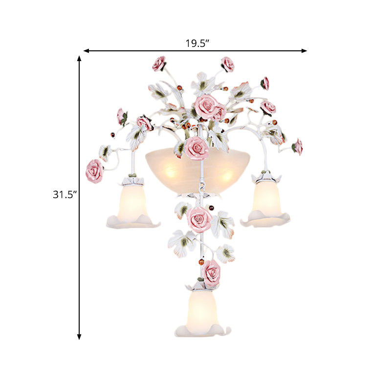 Pink 5 Heads Wall Light Fixture Korean Garden White Glass Floral Sconce Wall Lighting for Hallway Clearhalo 'Wall Lamps & Sconces' 'Wall Lights' Lighting' 729776