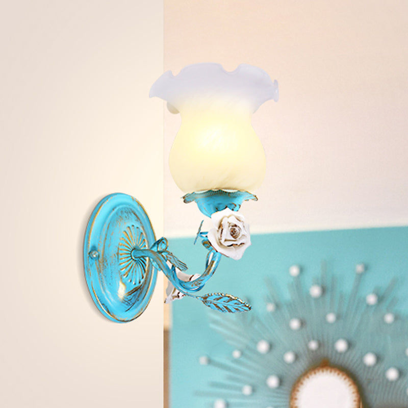 Blue Blossom Wall Sconce Light Fixture Korean Garden White Glass 1/2-Light Bedroom Wall Lamp Clearhalo 'Wall Lamps & Sconces' 'Wall Lights' Lighting' 729778