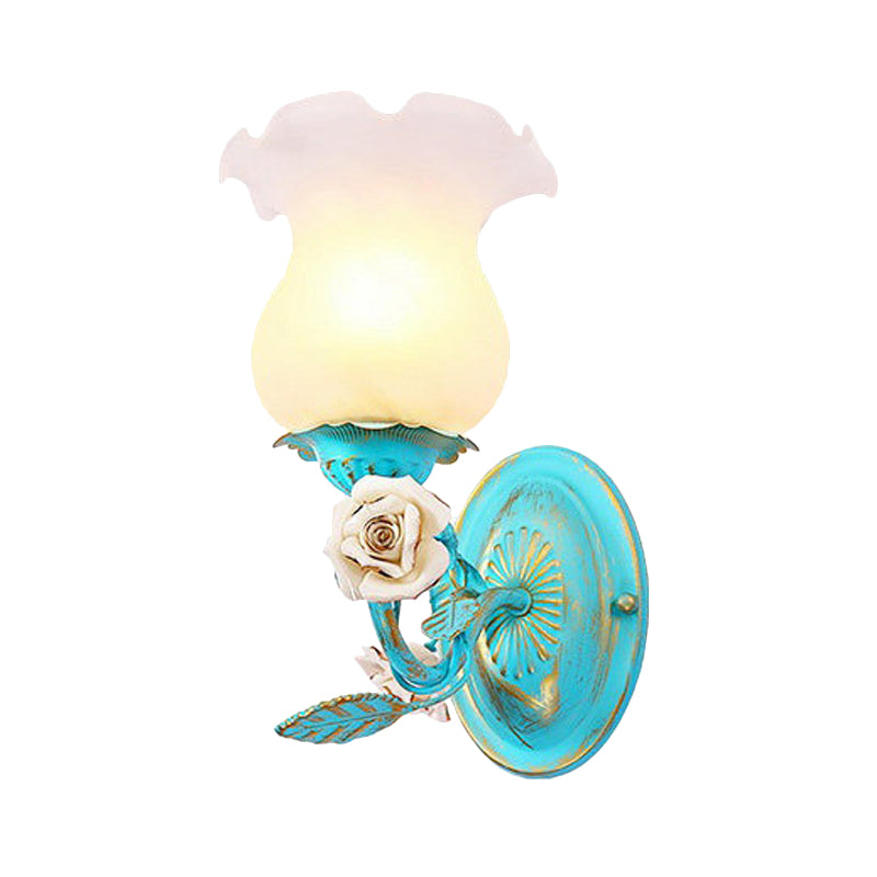 Blue Blossom Wall Sconce Light Fixture Korean Garden White Glass 1/2-Light Bedroom Wall Lamp Clearhalo 'Wall Lamps & Sconces' 'Wall Lights' Lighting' 729780