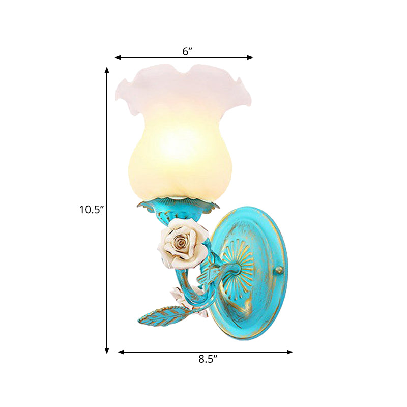 Blue Blossom Wall Sconce Light Fixture Korean Garden White Glass 1/2-Light Bedroom Wall Lamp Clearhalo 'Wall Lamps & Sconces' 'Wall Lights' Lighting' 729781