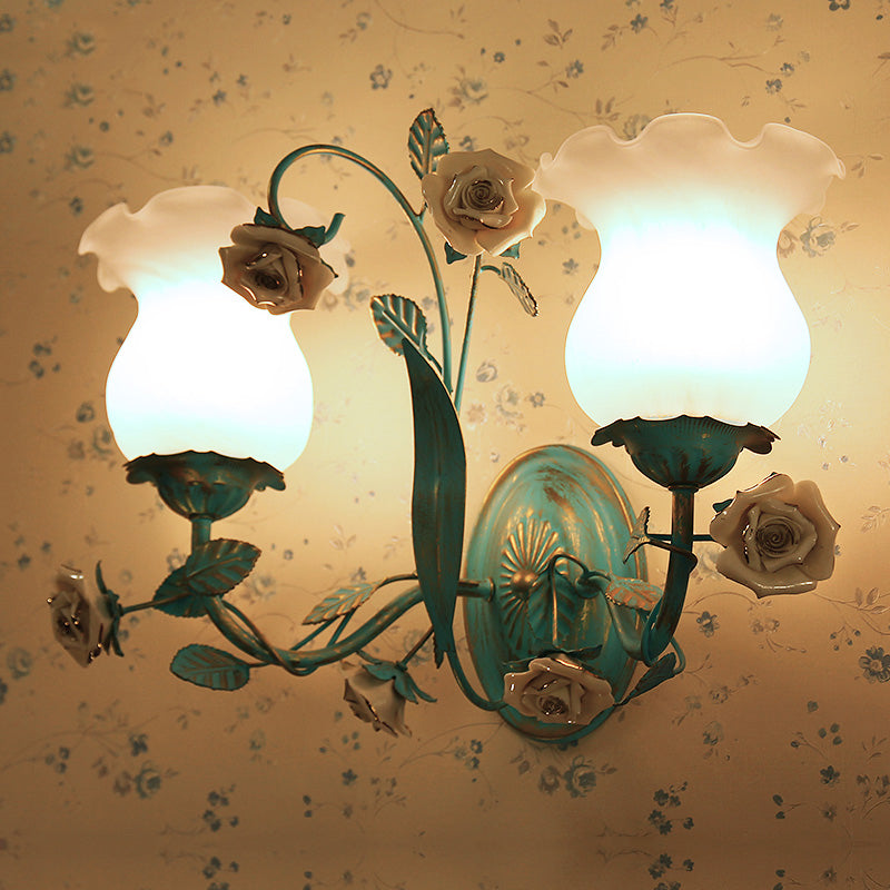 Blue Blossom Wall Sconce Light Fixture Korean Garden White Glass 1/2-Light Bedroom Wall Lamp 2.0 Blue Clearhalo 'Wall Lamps & Sconces' 'Wall Lights' Lighting' 729782