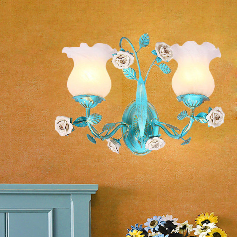 Blue Blossom Wall Sconce Light Fixture Korean Garden White Glass 1/2-Light Bedroom Wall Lamp Clearhalo 'Wall Lamps & Sconces' 'Wall Lights' Lighting' 729783