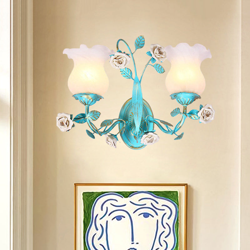 Blue Blossom Wall Sconce Light Fixture Korean Garden White Glass 1/2-Light Bedroom Wall Lamp Clearhalo 'Wall Lamps & Sconces' 'Wall Lights' Lighting' 729784